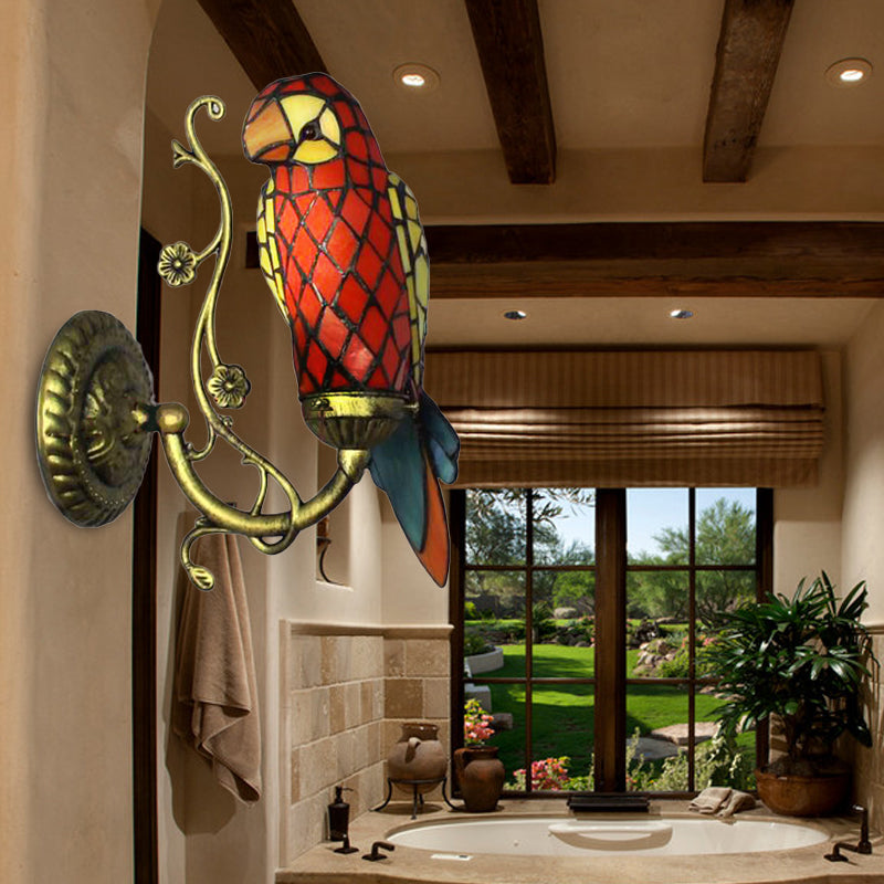 Rustic Vintage Red/Blue Parrot Stained Glass Wall Light Sconce In Brass