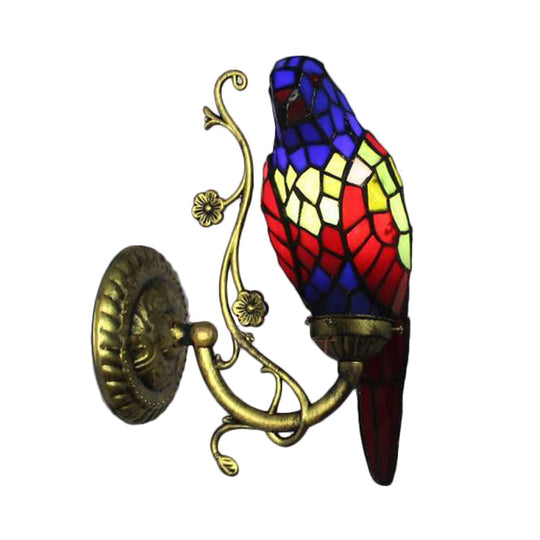 Rustic Vintage Red/Blue Parrot Stained Glass Wall Light Sconce In Brass