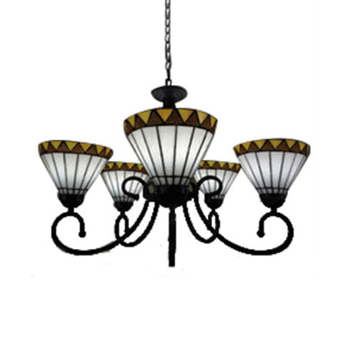 Tiffany Style Stained Glass Chandelier: Curved Arm Pendant Lamp With 5 Yellow/Blue Lights