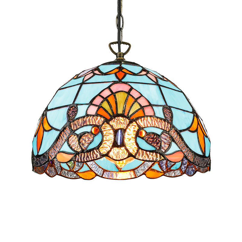 Tiffany Pendant Lighting For Kitchen Island - Sky Blue/Dark Blue Stained Glass Floral Ceiling