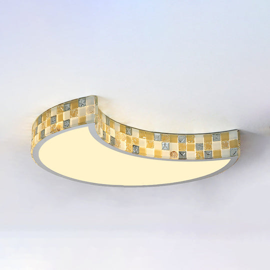 Tiffany Mosaic Glass Moon Flush Light With Led For Bedroom Ceiling Yellow