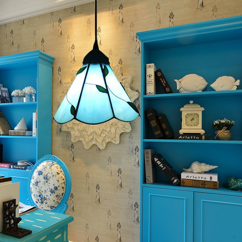 Tiffany Inspired Stained Glass Pendant Lamp Kit - Scalloped Design Blue/Beige 3 Bulbs Ideal For
