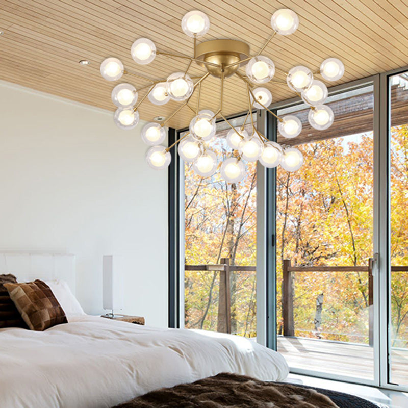 Romantic Gold Plant Semi Ceiling Mount Light For Hotels - Multi - Head Metal Glass Lamp 27 /