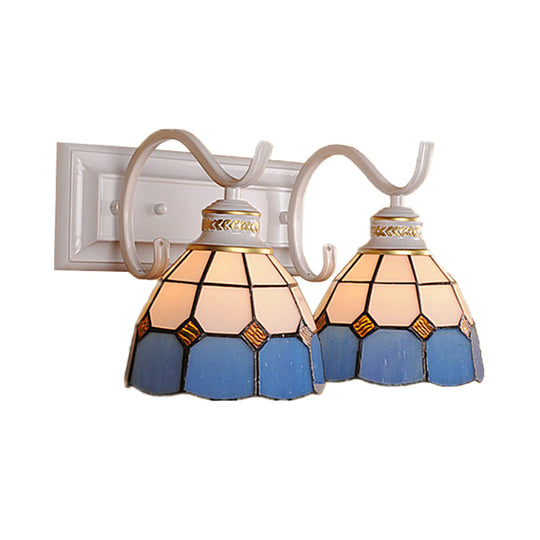 Mediterranean Stained Glass Domed Wall Light Fixture With 2 Lights In White/Black - Perfect For