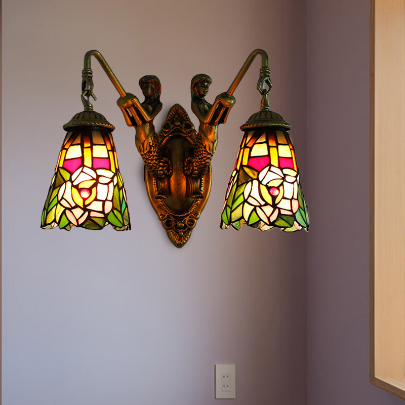 Multicolor Stained Glass Tiffany Wall Sconce Light Fixture With 2 Flared Heads Peacock Tail/Flower