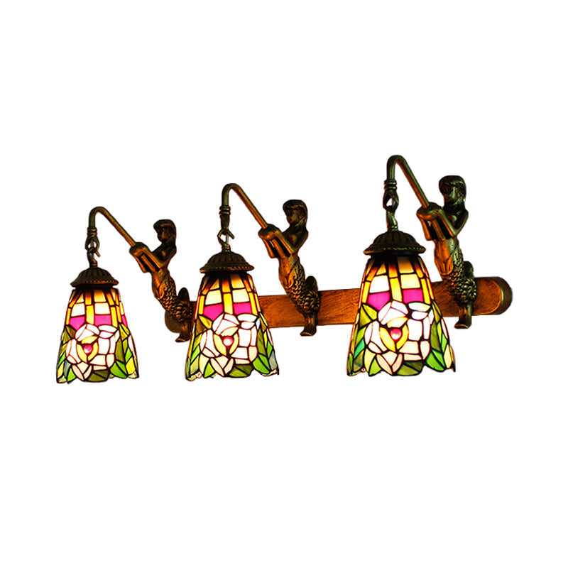 Peacock Stained Glass Wall Sconce With 3 Flared Headlights