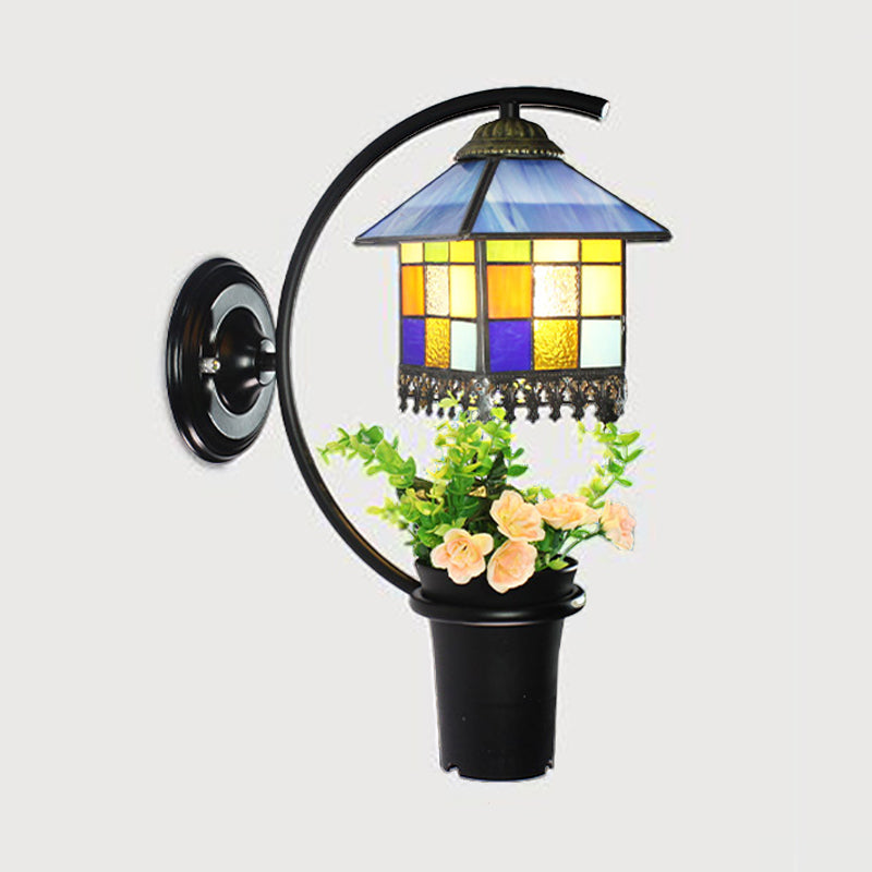 Baroque Stained Glass Wall Sconce With Flower Decoration - Clear/Blue Light