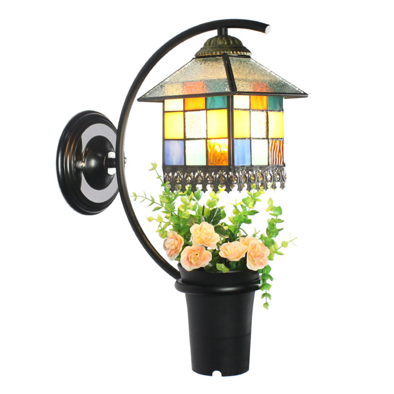 Baroque Stained Glass Wall Sconce With Flower Decoration - Clear/Blue Light