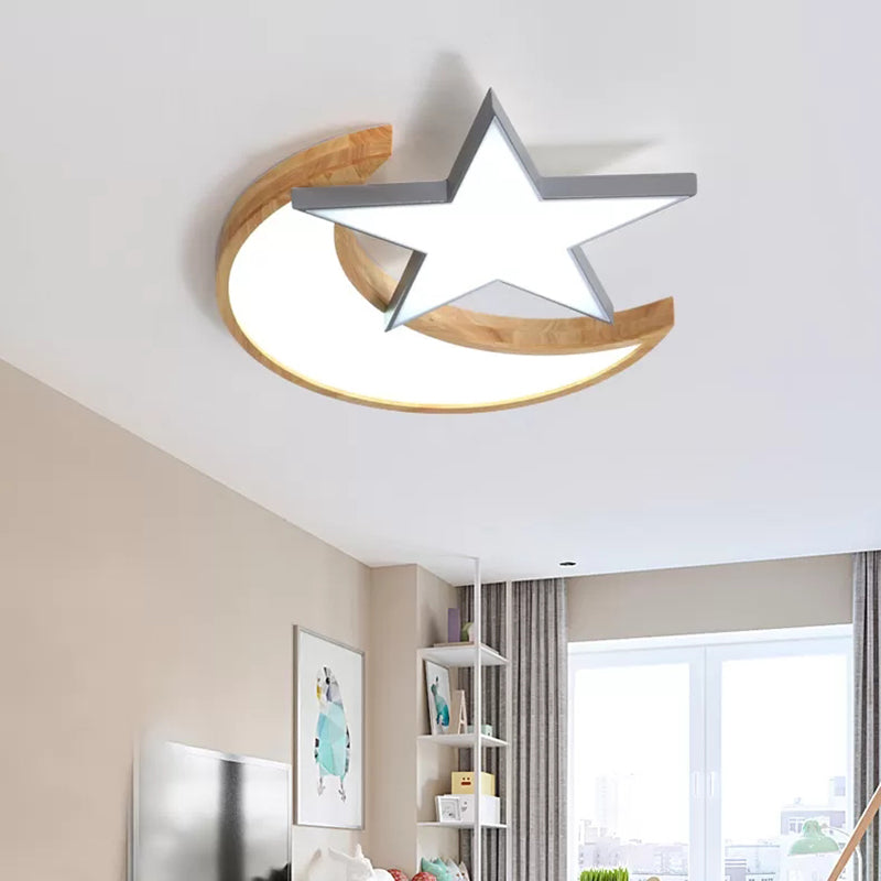 Nordic-Style Wood Star Moon Ceiling Mount Light For Nursing Room And Bedroom Grey