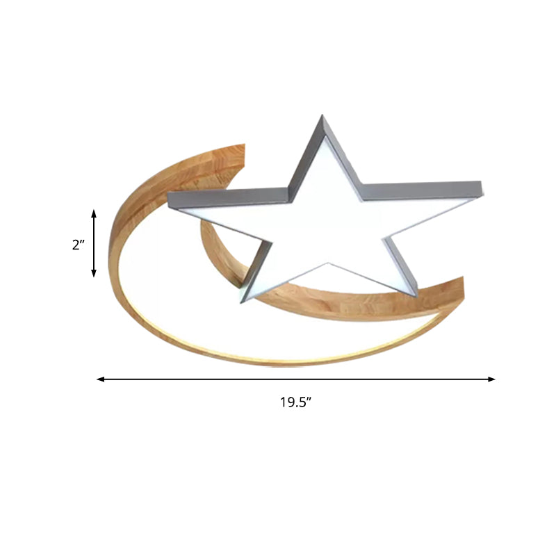 Nordic-Style Wood Star Moon Ceiling Mount Light For Nursing Room And Bedroom