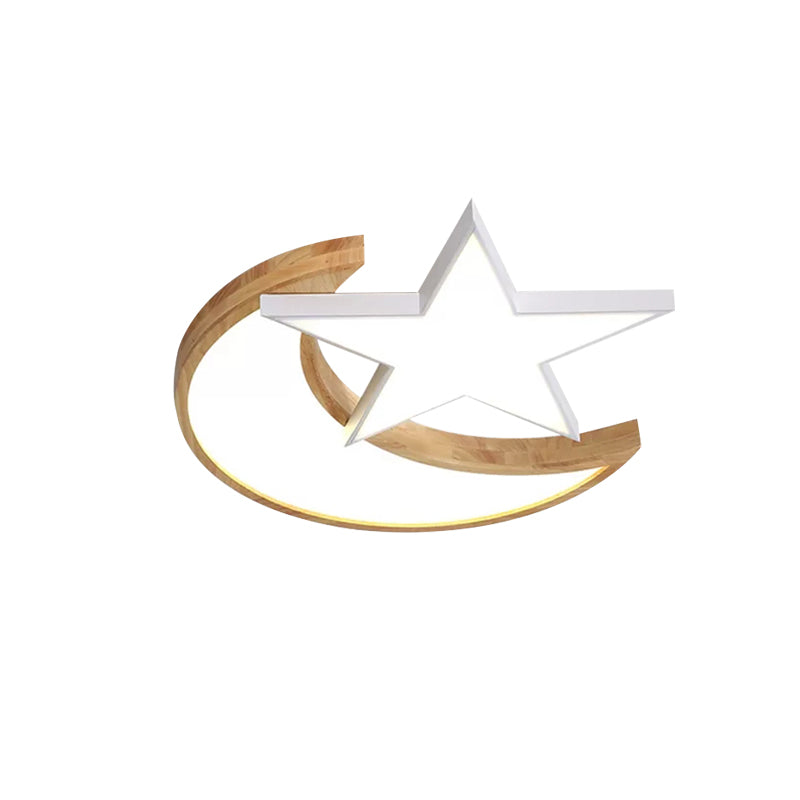 Nordic-Style Wood Star Moon Ceiling Mount Light For Nursing Room And Bedroom