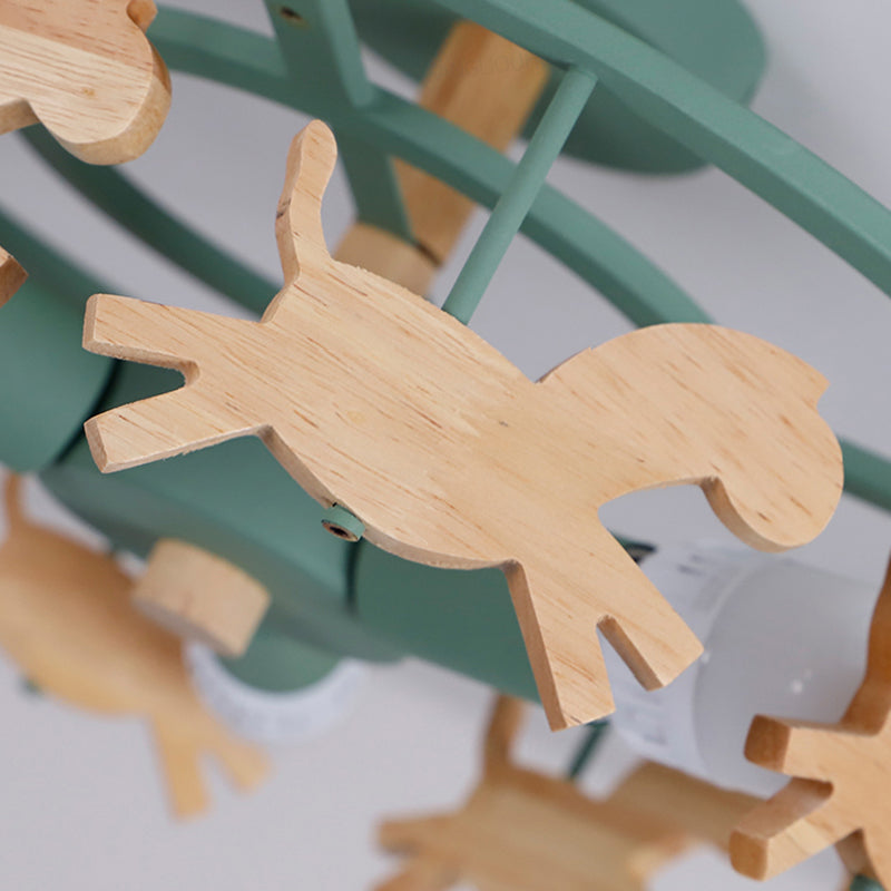 Green Macaron Merry - Go - Round Ceiling Light - Metal And Wood 3 Lights Semi Flush For Dining Room