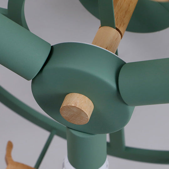 Green Macaron Merry - Go - Round Ceiling Light - Metal And Wood 3 Lights Semi Flush For Dining Room