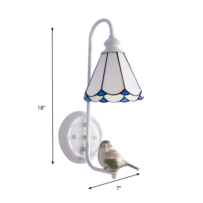 Mediterranean Blue-White Bedroom Wall Light With Stained Glass Shade