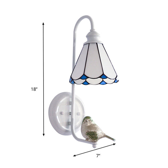 Mediterranean Blue-White Bedroom Wall Light With Stained Glass Shade