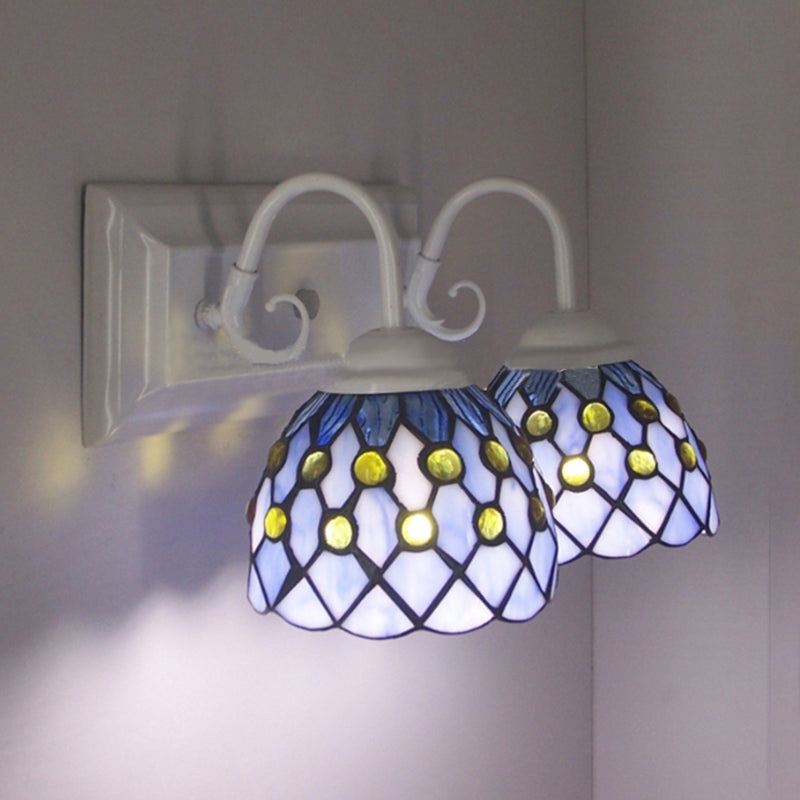 Sky Blue/Blue Tiffany Style Stained Glass Wall Sconce With 2 Lights - Ideal For Bedroom