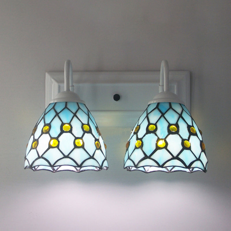 Sky Blue/Blue Tiffany Style Stained Glass Wall Sconce With 2 Lights - Ideal For Bedroom