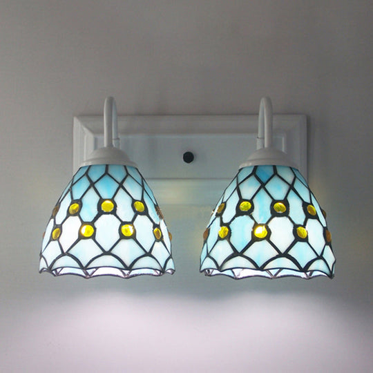 Sky Blue/Blue Tiffany Style Stained Glass Wall Sconce With 2 Lights - Ideal For Bedroom