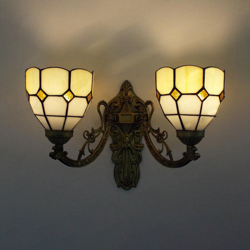 Rustic Stained Glass Wall Light - 2 Lights Orange/Pink/Blue/Beige Library & Living Room Sconce