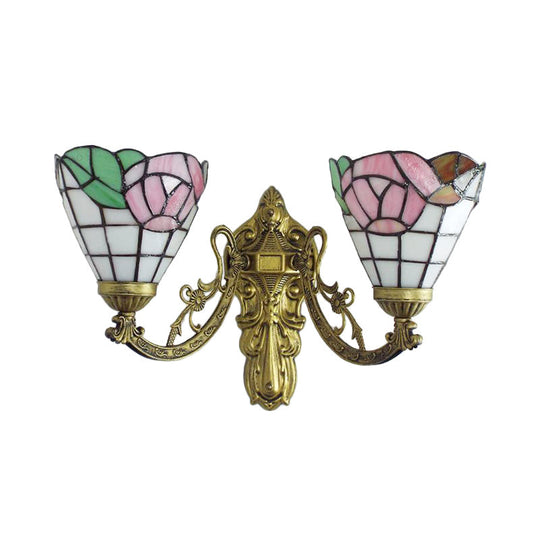 Rustic Stained Glass Wall Light - 2 Lights Orange/Pink/Blue/Beige Library & Living Room Sconce