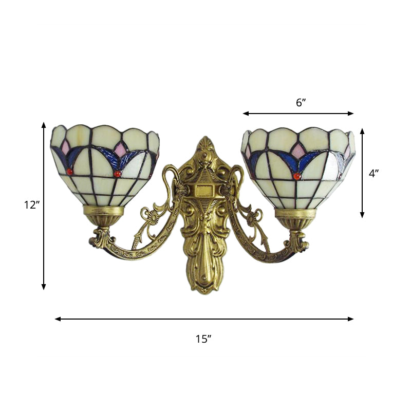 Baroque Bowl Wall Light Fixture With Carved Arm: Stained Glass Sconce Lighting In Blue/Beige For