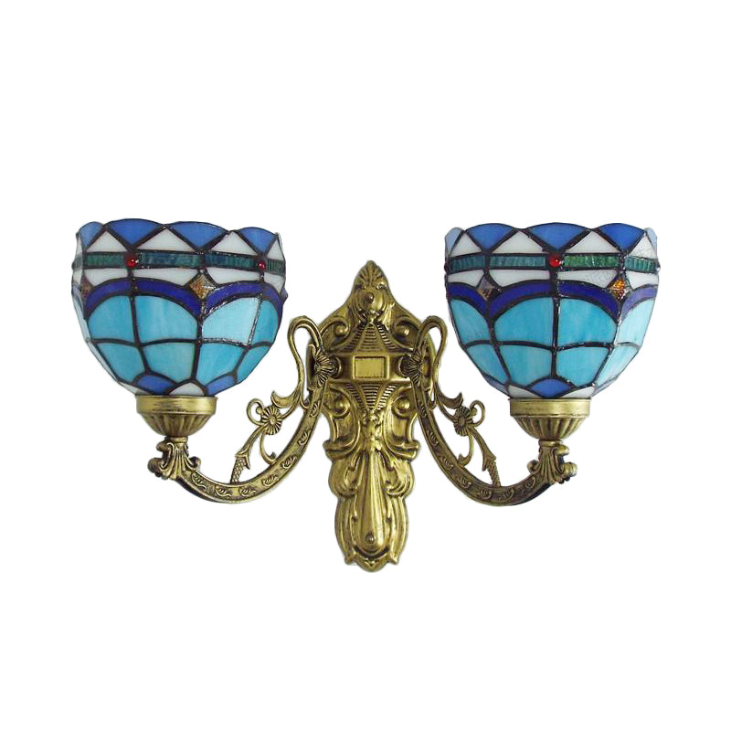 Baroque Bowl Wall Light Fixture With Carved Arm: Stained Glass Sconce Lighting In Blue/Beige For
