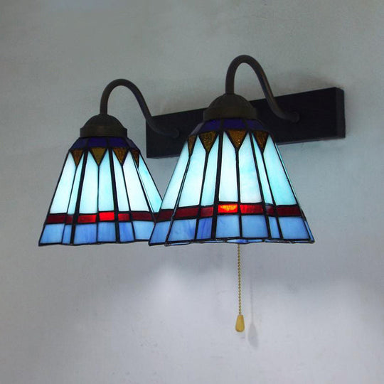 Mediterranean Blue Glass Wall Sconce Light With Pull Chain - 2 Heads Cone Design