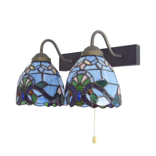 Baroque Blue Glass Sconce Light With Pull Chain Switch - 2-Head Bowl Wall Fixture