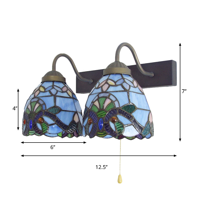 Baroque Blue Glass Sconce Light With Pull Chain Switch - 2-Head Bowl Wall Fixture