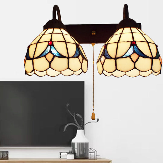 Tiffany Black Dome Wall Sconce Light Fixture With Pull Chain - 2-Head Beige Glass Mount