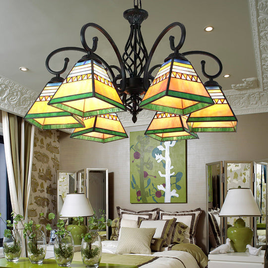 Mission Style Stained Glass Pyramid Pendant Light With 6 Lights For Living Room Black