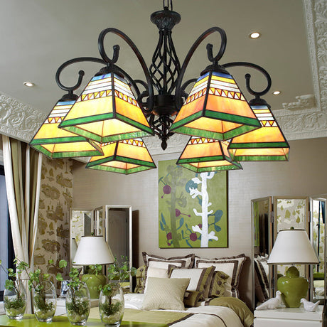 Mission Style Stained Glass Pyramid Pendant Light - 6 Lights Living Room Black