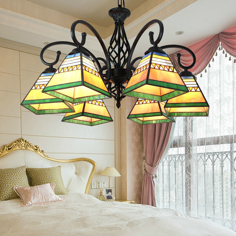 Mission Style Stained Glass Pyramid Pendant Light With 6 Lights For Living Room