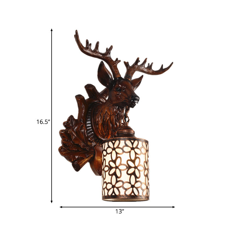 Rustic Resin Sika Deer Wall Lamp With Flower Patterned Glass Shade - Brown/White 1 Head Sconce