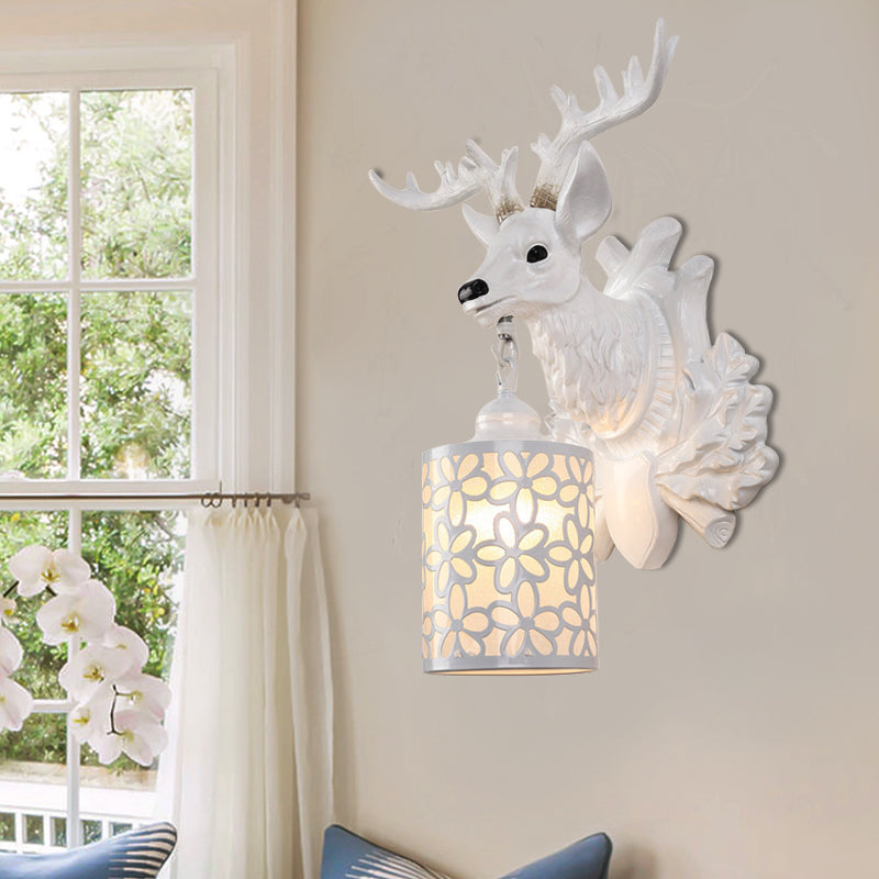 Rustic Resin Sika Deer Wall Lamp With Flower Patterned Glass Shade - Brown/White 1 Head Sconce