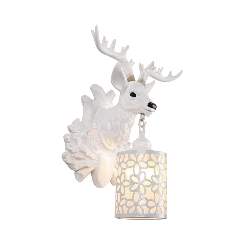 Rustic Resin Sika Deer Wall Lamp With Flower Patterned Glass Shade - Brown/White 1 Head Sconce