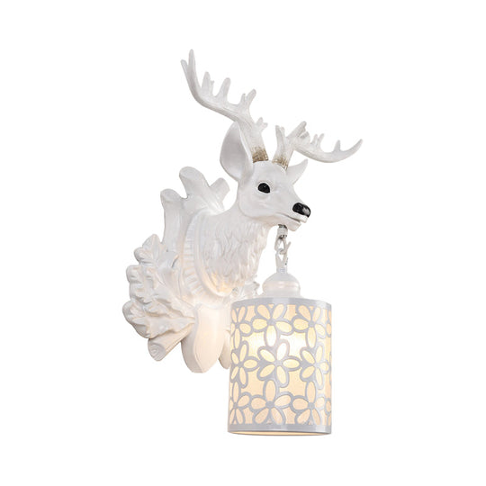 Rustic Resin Sika Deer Wall Lamp With Flower Patterned Glass Shade - Brown/White 1 Head Sconce