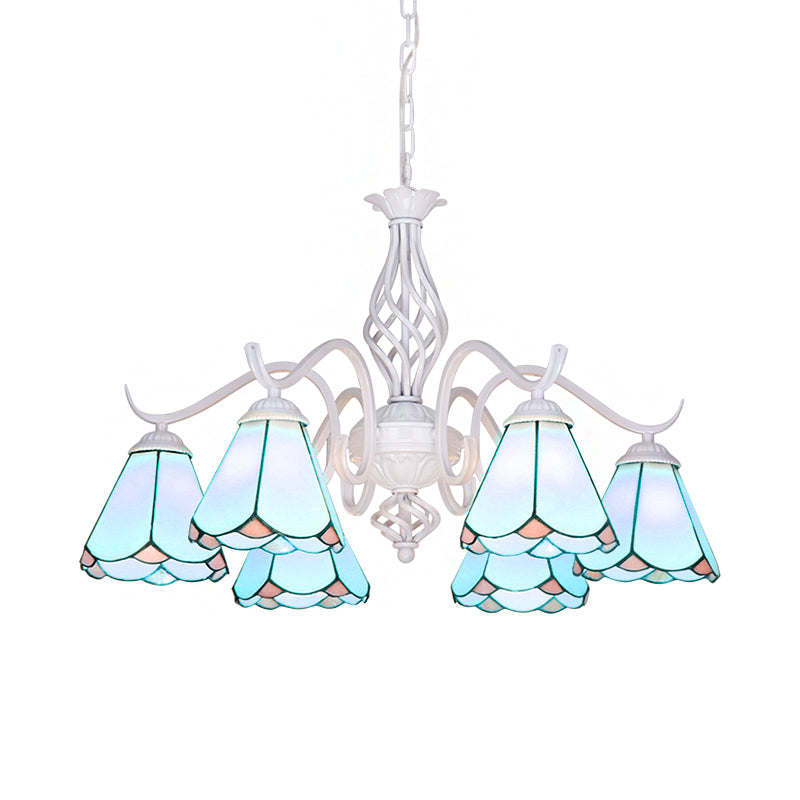 Traditional Stained Glass Pendant Chandelier With White Cone Finish In Blue/White
