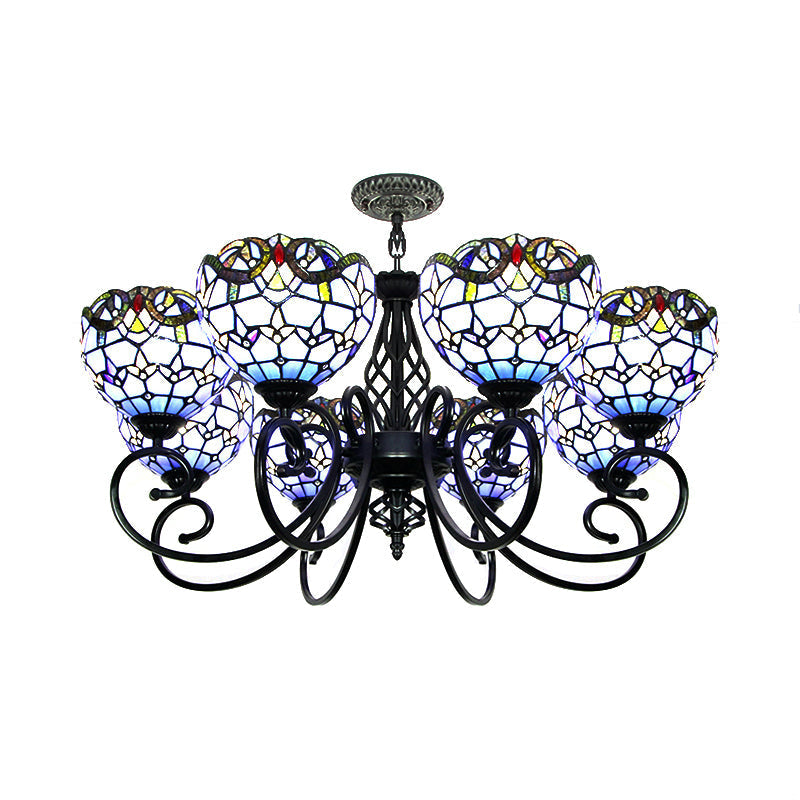 Baroque Chandelier Light: Blue/Brown Glass Bowl Shade Black Finish - Elegant Foyer Ceiling Pendant