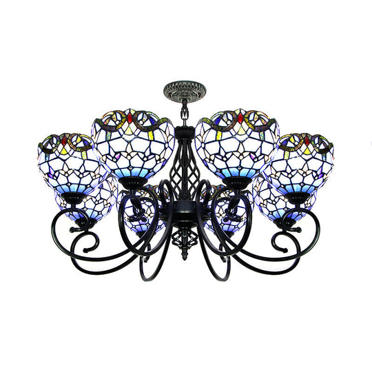 Baroque Chandelier Light: Blue/Brown Glass Bowl Shade Black Finish - Elegant Foyer Ceiling Pendant