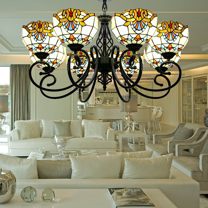 Baroque Chandelier Light: Blue/Brown Glass Bowl Shade Black Finish - Elegant Foyer Ceiling Pendant