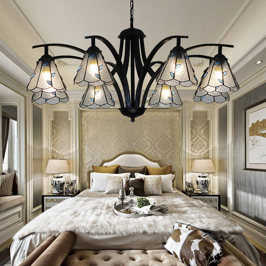 Stained Glass Cone Chandelier With Leaf Pattern - Traditional Ceiling Pendant Light In Blue/Green