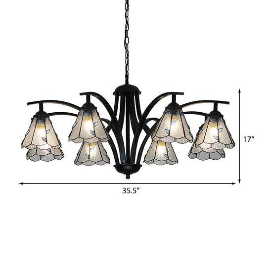Stained Glass Cone Chandelier With Leaf Pattern - Traditional Ceiling Pendant Light In Blue/Green