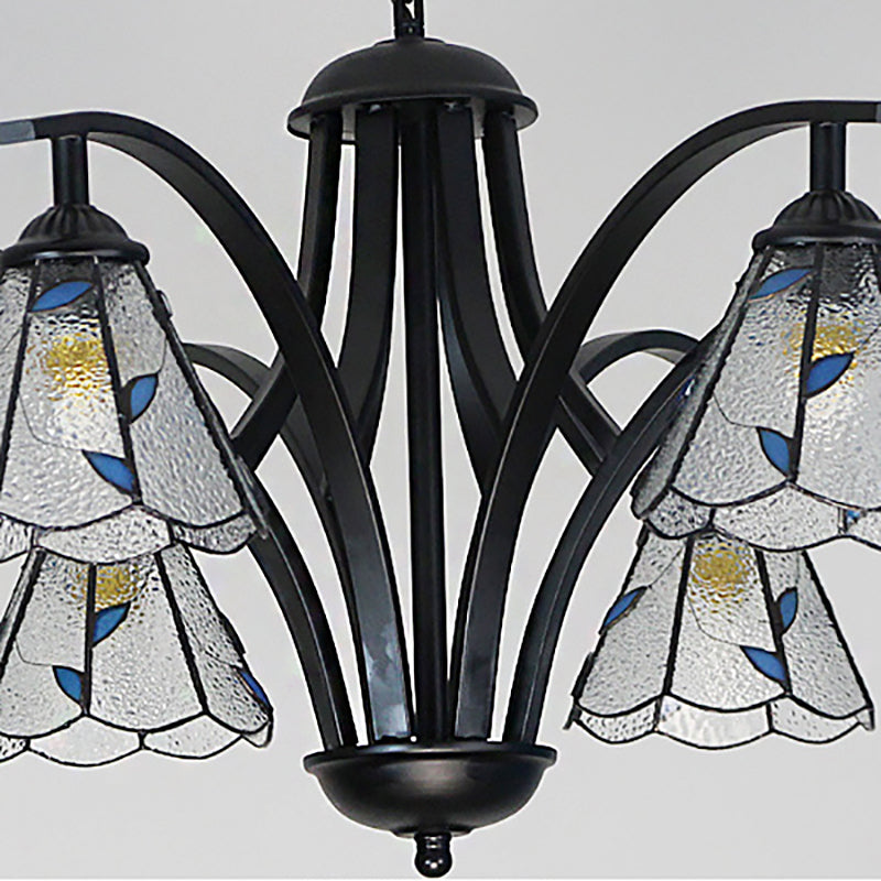 Stained Glass Cone Chandelier With Leaf Pattern - Traditional Ceiling Pendant Light In Blue/Green