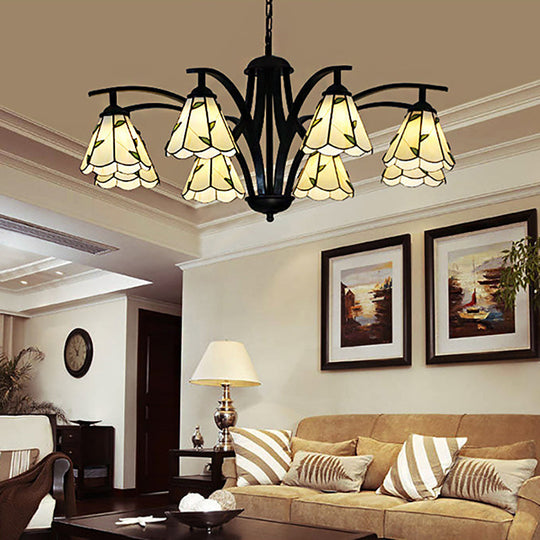 Stained Glass Cone Chandelier With Leaf Pattern - Traditional Ceiling Pendant Light In Blue/Green