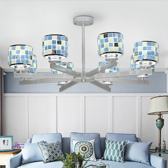 Modern Glass Drum Indoor Chandelier - Blue/Yellow Mosaic Design 8 Lights Ideal For Living Room