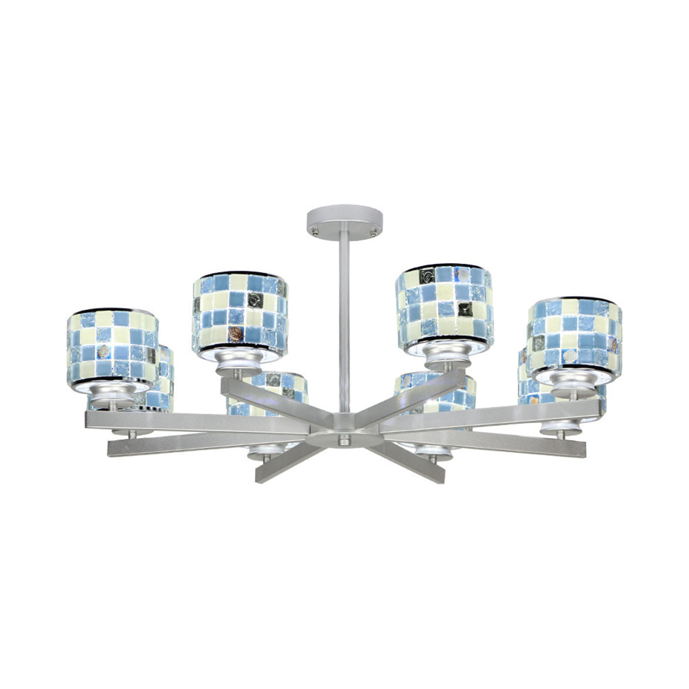 Modern Glass Mosaic Drum Chandelier - 8-Light Indoor Lighting Fixture In Blue/Yellow For Living Room