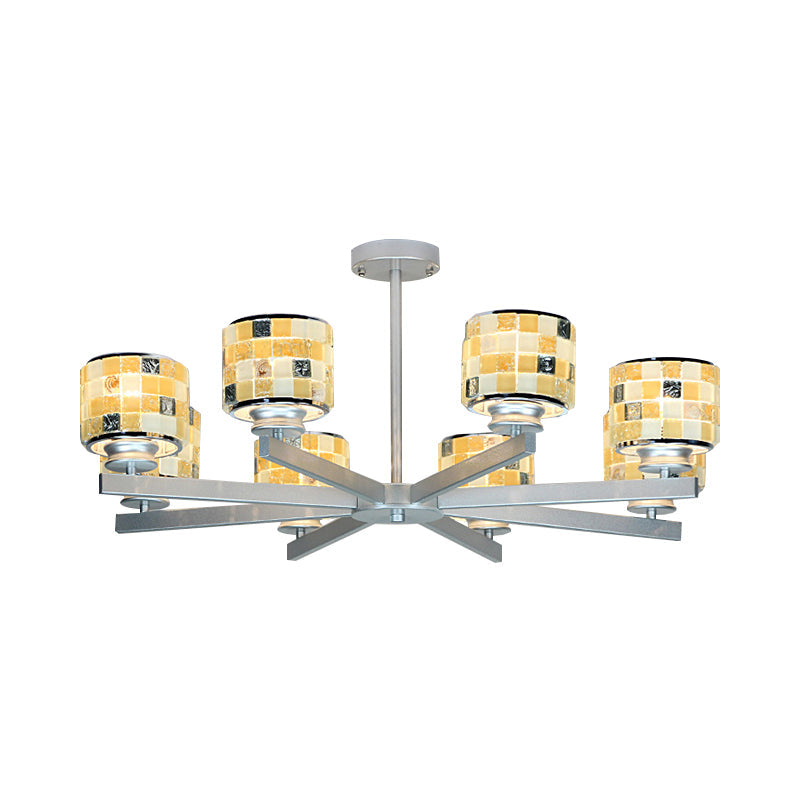 Modern Glass Mosaic Drum Chandelier - 8-Light Indoor Lighting Fixture In Blue/Yellow For Living Room