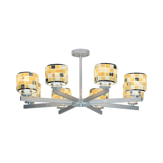 Modern Glass Drum Indoor Chandelier - Blue/Yellow Mosaic Design 8 Lights Ideal For Living Room