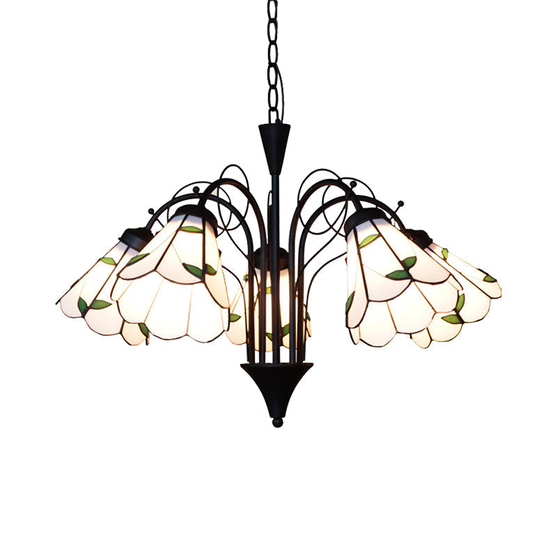 Rustic Stained Glass Leaf Chandelier With Metal Chain - 5 Light Pendant For Bedroom In Beige